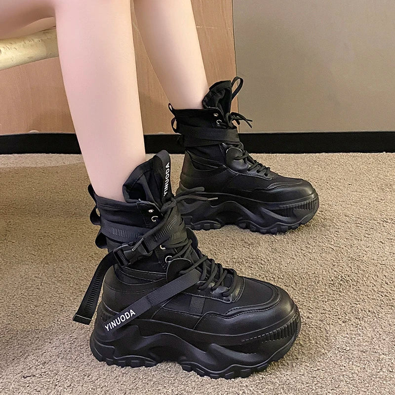 Women Ankle Boots Autumn Leather Chunky Shoes Woman High Platform Breathable Sneakers 8CM Thick Sole Wedges Motorcycles Boots - Shopfly.co.uk