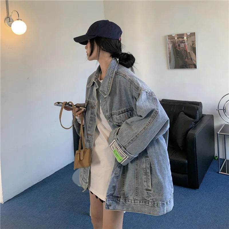 High Street Fashion Oversized Denim Jacket Women Korean Loose Long Sleeve Button Down Jean Jackets Female 2024 New