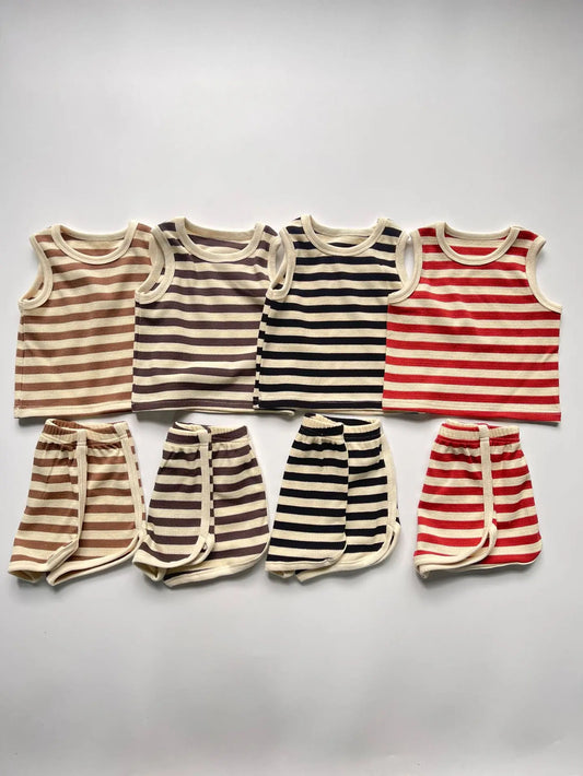 2025 Summer New Baby Sleeveless Clothes Set Infant Boy Girl Vest + Shorts 2pcs Suit Toddler Waffle Striped Breathable Outfits - Shopfly.co.uk