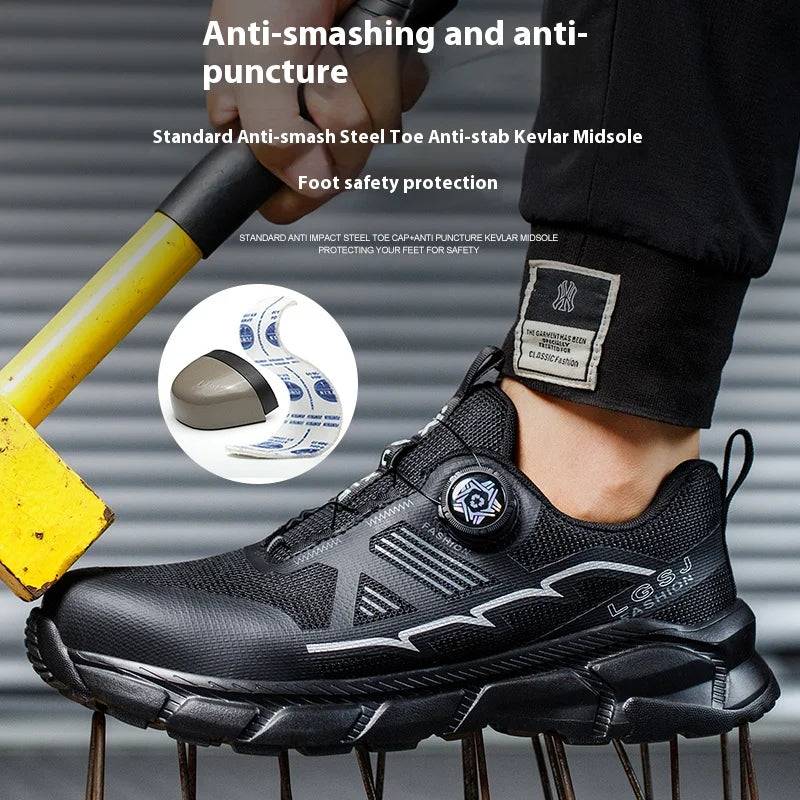Lightweight Breathable Rotary Buckle Work Sneakers Protective Shoes Safety Industrial Puncture-Proof Anti-smash Steel Toe Shoes - Shopfly.co.uk
