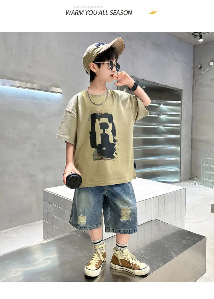 New Boys Fashion Summer 2pcs Cotton T-shirts+Denim Shorts Sporty Suits Teenage Kids Korean Style Outfits Sets Children Clothes - Shopfly.co.uk