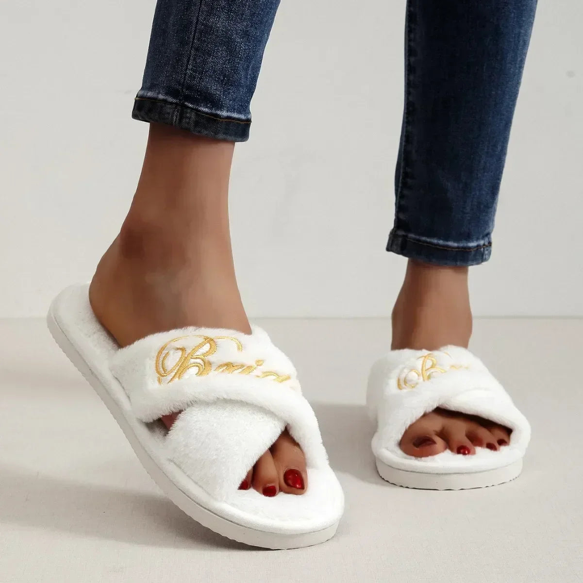 Bride Embroidered Plush Slippers Wedding Supplies Women Honeymoon Shoes Creative Bridesmaid Romantic Gifts Wedding Photo Props - Shopfly.co.uk