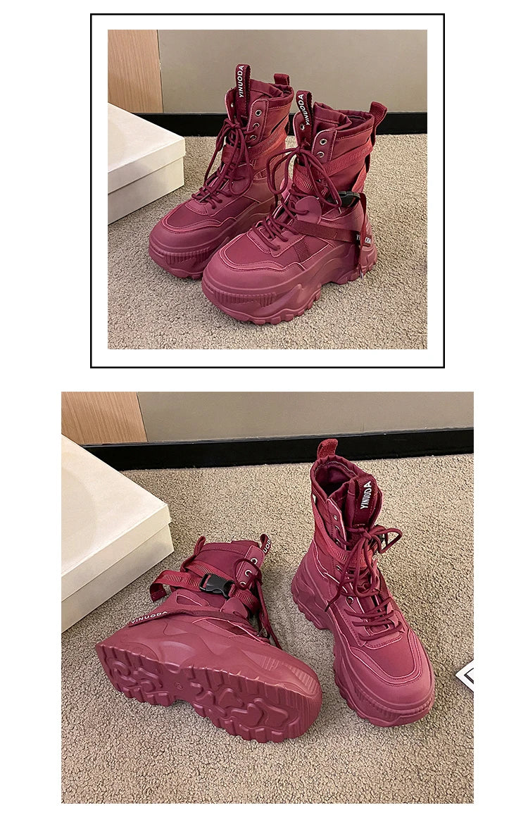 Women Ankle Boots Autumn Leather Chunky Shoes Woman High Platform Breathable Sneakers 8CM Thick Sole Wedges Motorcycles Boots - Shopfly.co.uk
