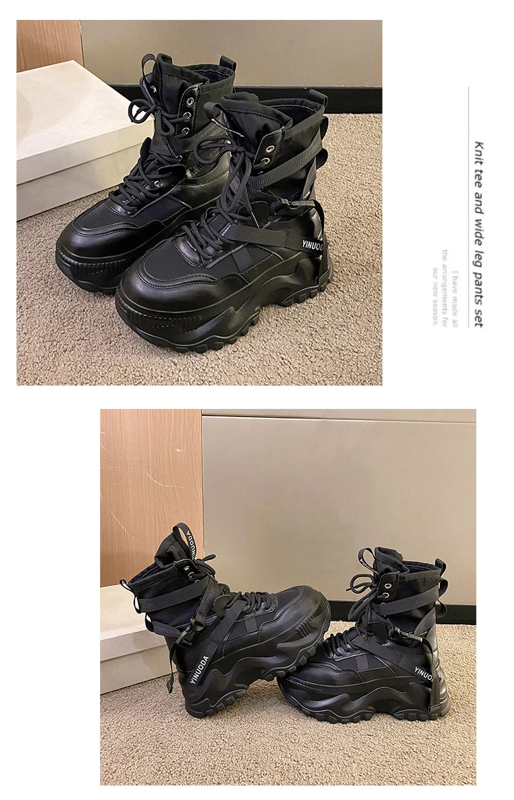 Women Ankle Boots Autumn Leather Chunky Shoes Woman High Platform Breathable Sneakers 8CM Thick Sole Wedges Motorcycles Boots - Shopfly.co.uk