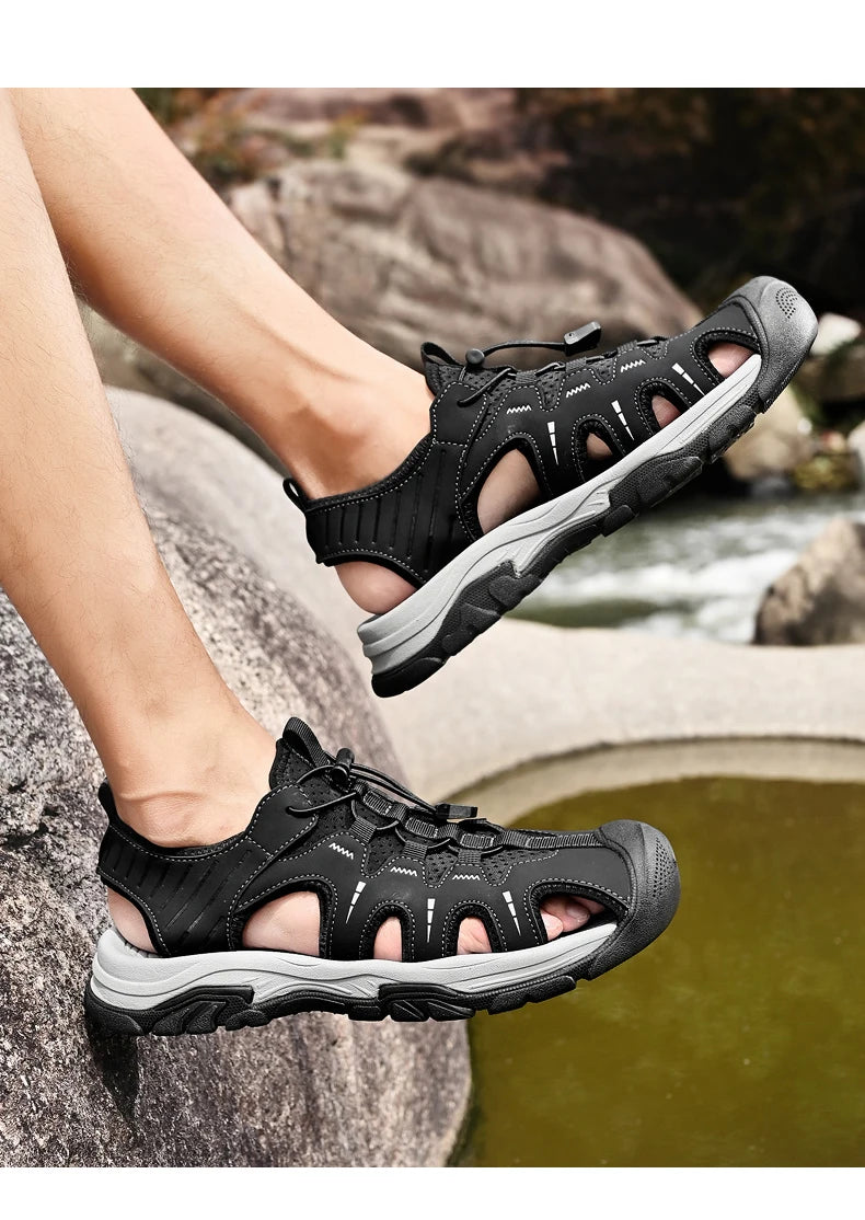 Jumpmore Fashion Men's Leather Sandals Summer Outdoor Hiking Shoes Size 38-45 - Shopfly.co.uk