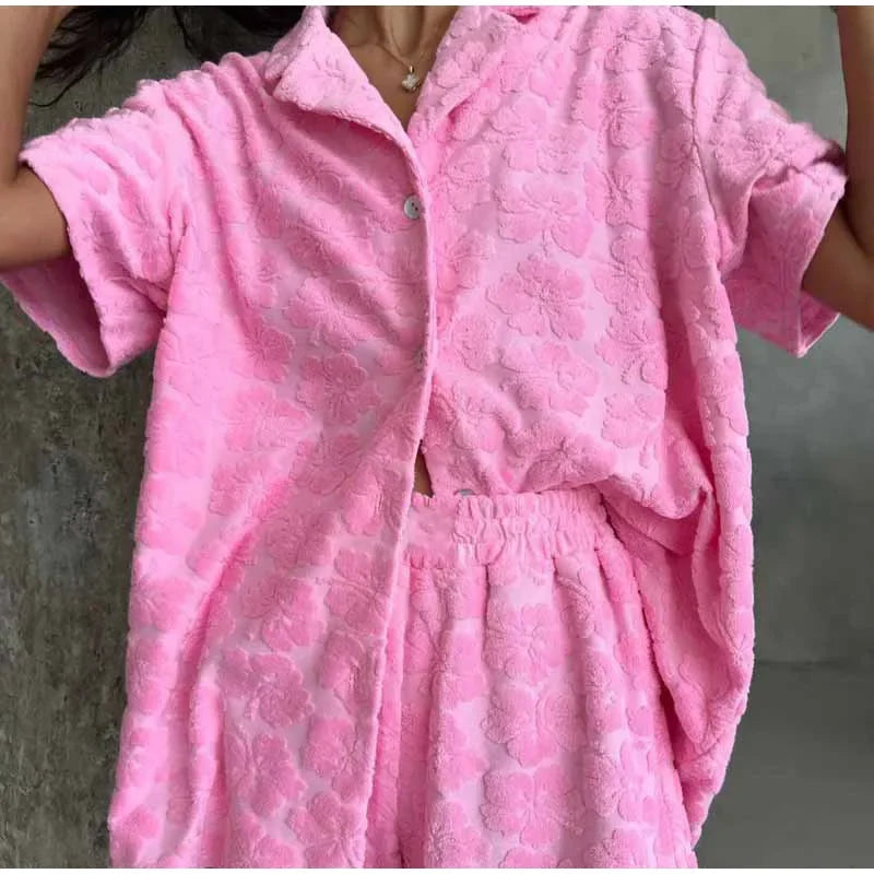 Casual 3d Flower Shirt Shorts Sets Women Pink Lapel Buttons Blouse Elastic Wide Leg Short Pants 2025 Summer Lady Vacation Outfit - Shopfly.co.uk