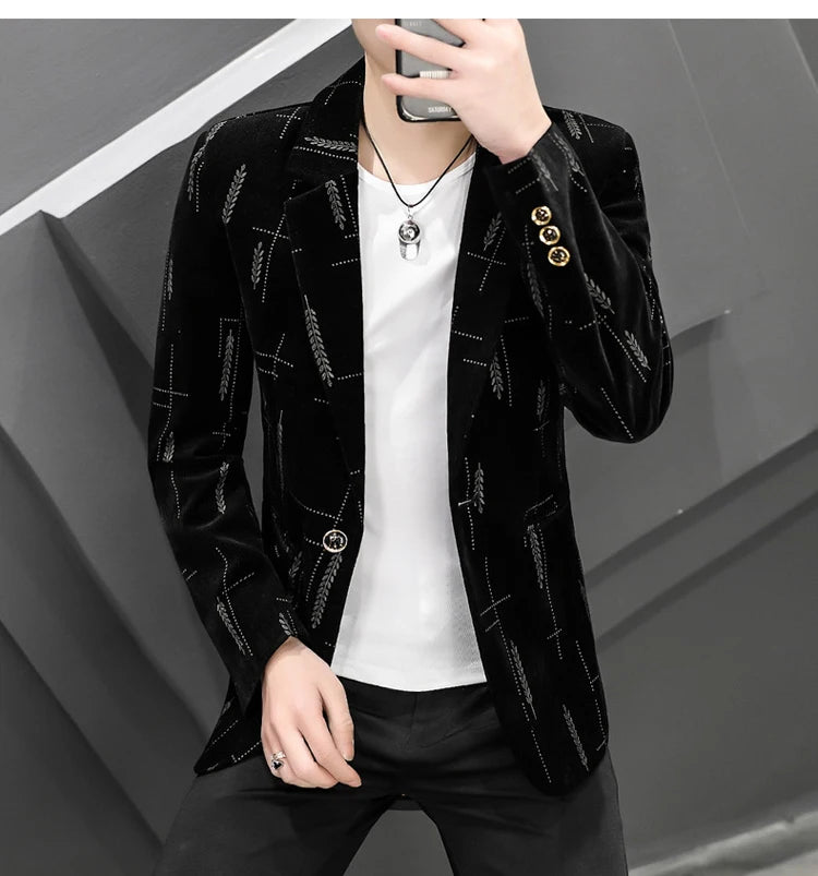 2022 Autumn Men Blazers Luxury Corduroy Casual Slim Suit Jacket Business Social Office Dress Coat Streetwear Jacket Men Clothing - Shopfly.co.uk
