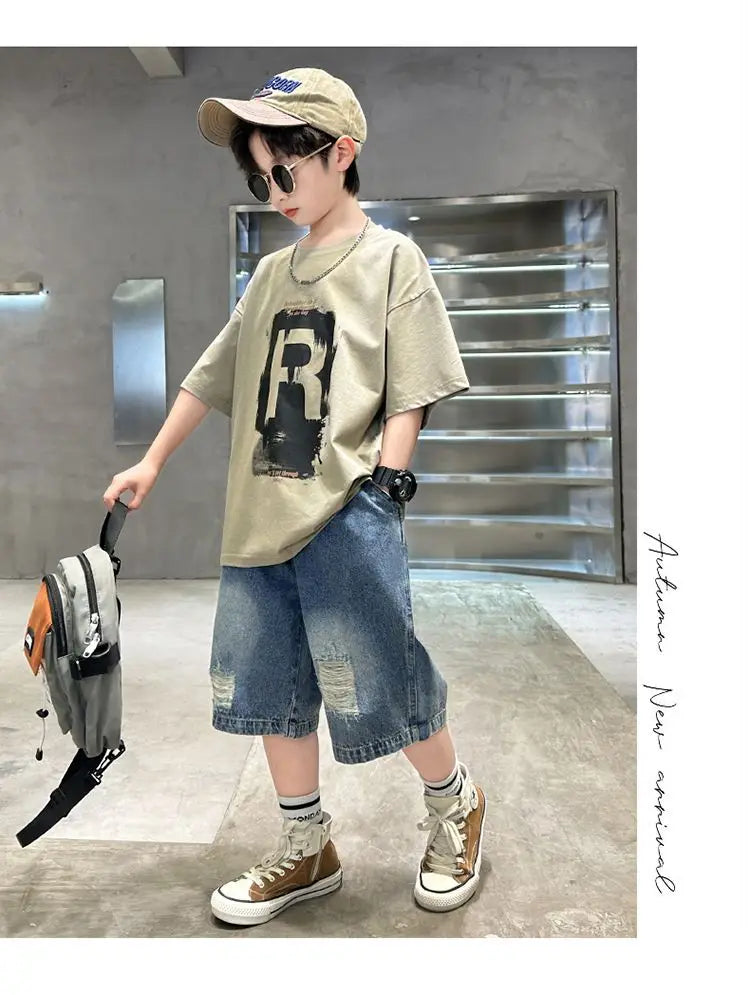 New Boys Fashion Summer 2pcs Cotton T-shirts+Denim Shorts Sporty Suits Teenage Kids Korean Style Outfits Sets Children Clothes - Shopfly.co.uk