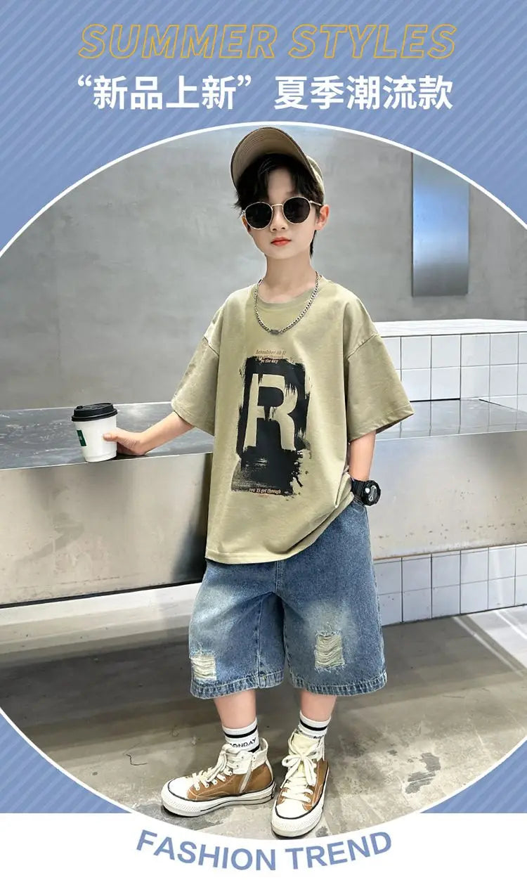 New Boys Fashion Summer 2pcs Cotton T-shirts+Denim Shorts Sporty Suits Teenage Kids Korean Style Outfits Sets Children Clothes - Shopfly.co.uk