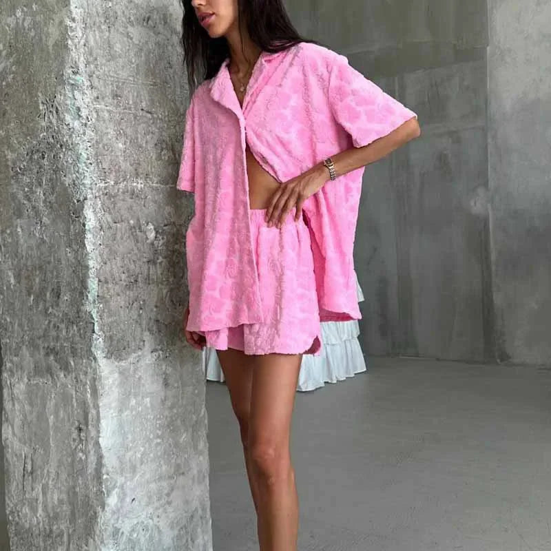 Casual 3d Flower Shirt Shorts Sets Women Pink Lapel Buttons Blouse Elastic Wide Leg Short Pants 2025 Summer Lady Vacation Outfit - Shopfly.co.uk