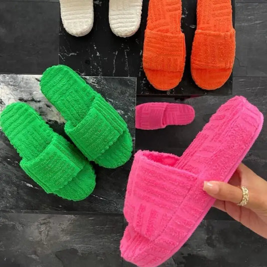 women Luxury brands slippers one-word thick-soled warm furry women shoes embossed cotton drag outdoor all-match casual slippers - Shopfly.co.uk