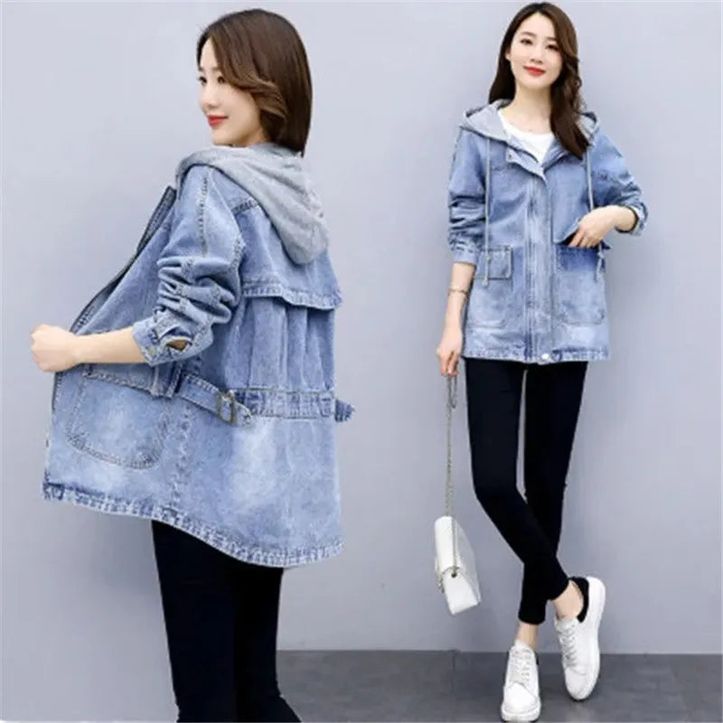 Women's Jean Jacket 2023 Spring And Autumn New Hooded Denim Jacket Female Mid-Length Female Korean Loose