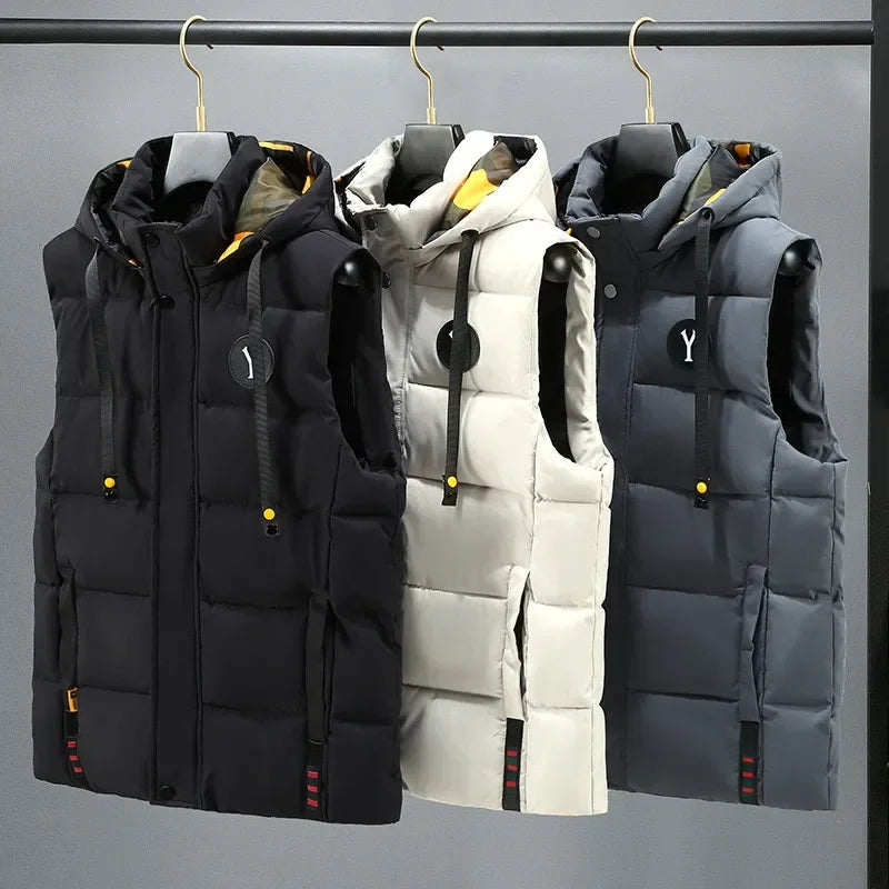 Vest for Men Cotton Warm Sleeveless Coat Hat Detachable Padded Winter Waistcoat Work Wear Male High Quality Clothes 5XL - Shopfly.co.uk