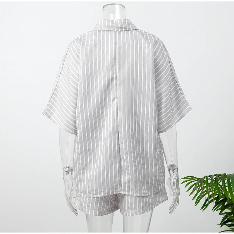 Gray Casual Loose Shorts Set Women Long Sleeve Single Breasted Shirt Elastic Waist Shorts Suit Summer Lady Daily Holiday Outfit - Shopfly.co.uk