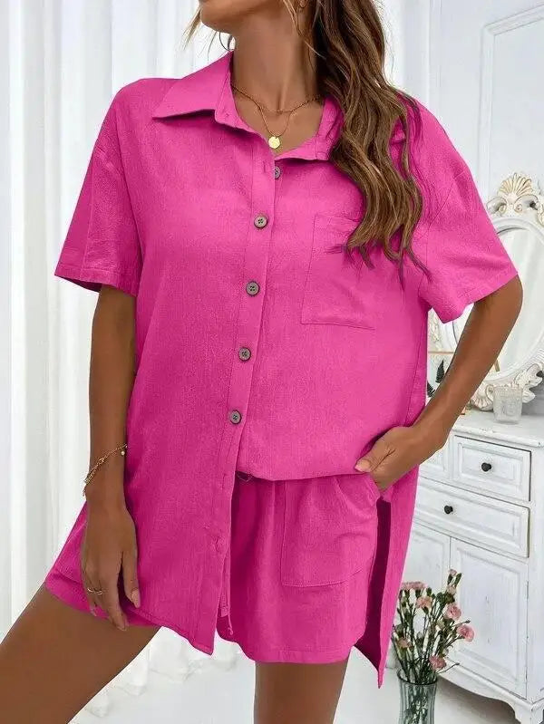 Solid Color Single Breasted Top Casual Loose Short Pants Sets Women Summer Women's 2 Pieces Suit Full Set Female Outfit Clothes - Shopfly.co.uk