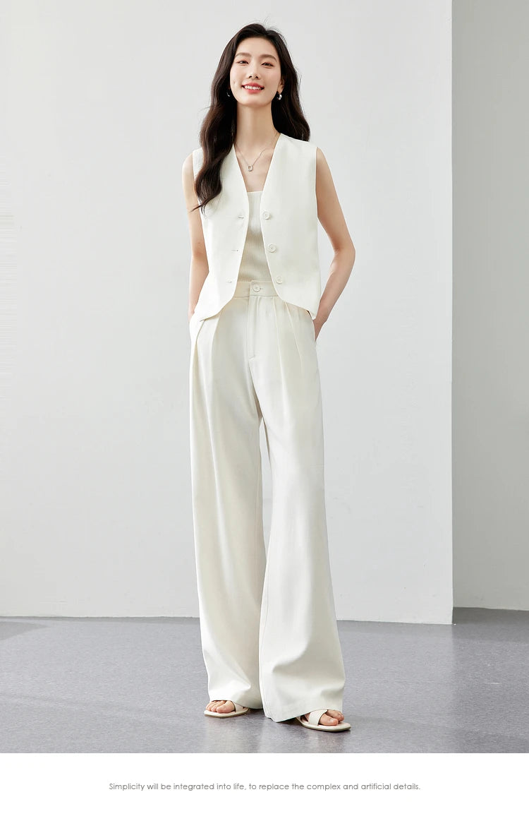 VIMLY Two Piece Office Outfit Woman 2025 Summer Pant Sets Linen Blend Women's Suits V Neck Waistcoat + Wide Leg Long Pants M7357 - Shopfly.co.uk