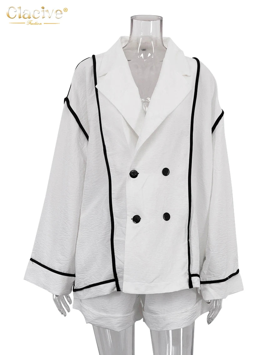 Clacive Fashion Loose White 2 Piece Sets Women Outfit 2024 Casual Long Sleeve Shirt With High Waist Shorts Set Female Streetwear - Shopfly.co.uk