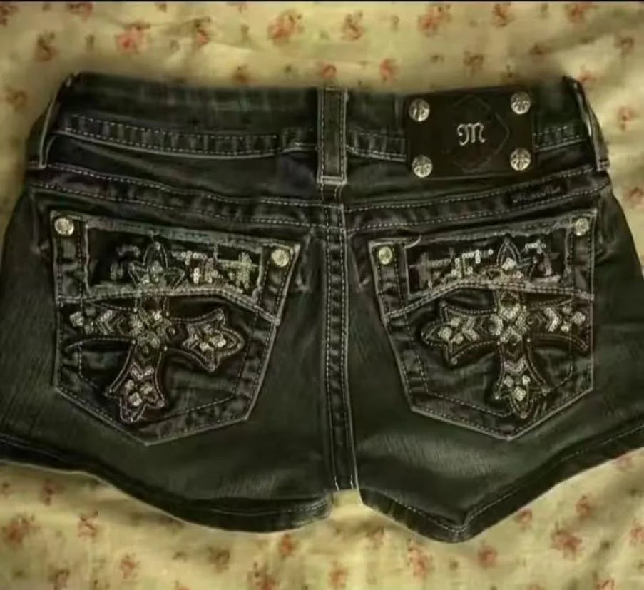 Millennium subculture Gothic mini denim shorts women's y2k summer beach casual spicy girl sexy fashion retro straight leg shorts - Shopfly.co.uk