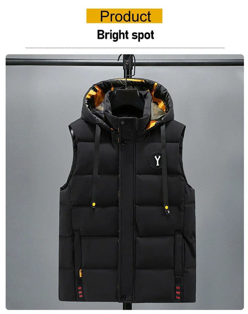 Vest for Men Cotton Warm Sleeveless Coat Hat Detachable Padded Winter Waistcoat Work Wear Male High Quality Clothes 5XL - Shopfly.co.uk