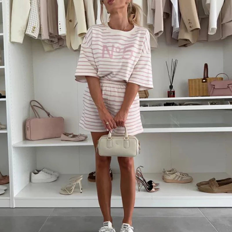 Summer Striped Patchwork Shirt And Shorts Set New Fashion Loose Comfortable Home suit O-neck Half Sleevee Vacation Casual Outfit - Shopfly.co.uk