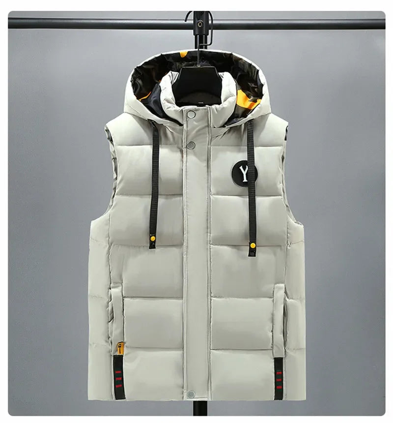 Vest for Men Cotton Warm Sleeveless Coat Hat Detachable Padded Winter Waistcoat Work Wear Male High Quality Clothes 5XL - Shopfly.co.uk