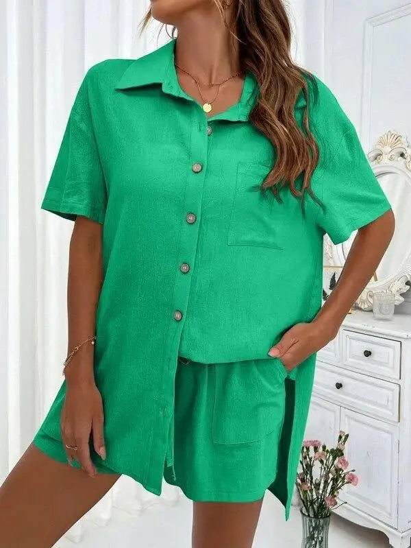 Solid Color Single Breasted Top Casual Loose Short Pants Sets Women Summer Women's 2 Pieces Suit Full Set Female Outfit Clothes - Shopfly.co.uk