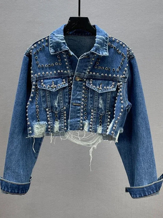 Womens Denim Spring Summer New In Heavy Industry Jean Jacket Women Worn Nail Bead Jean Jacket Top