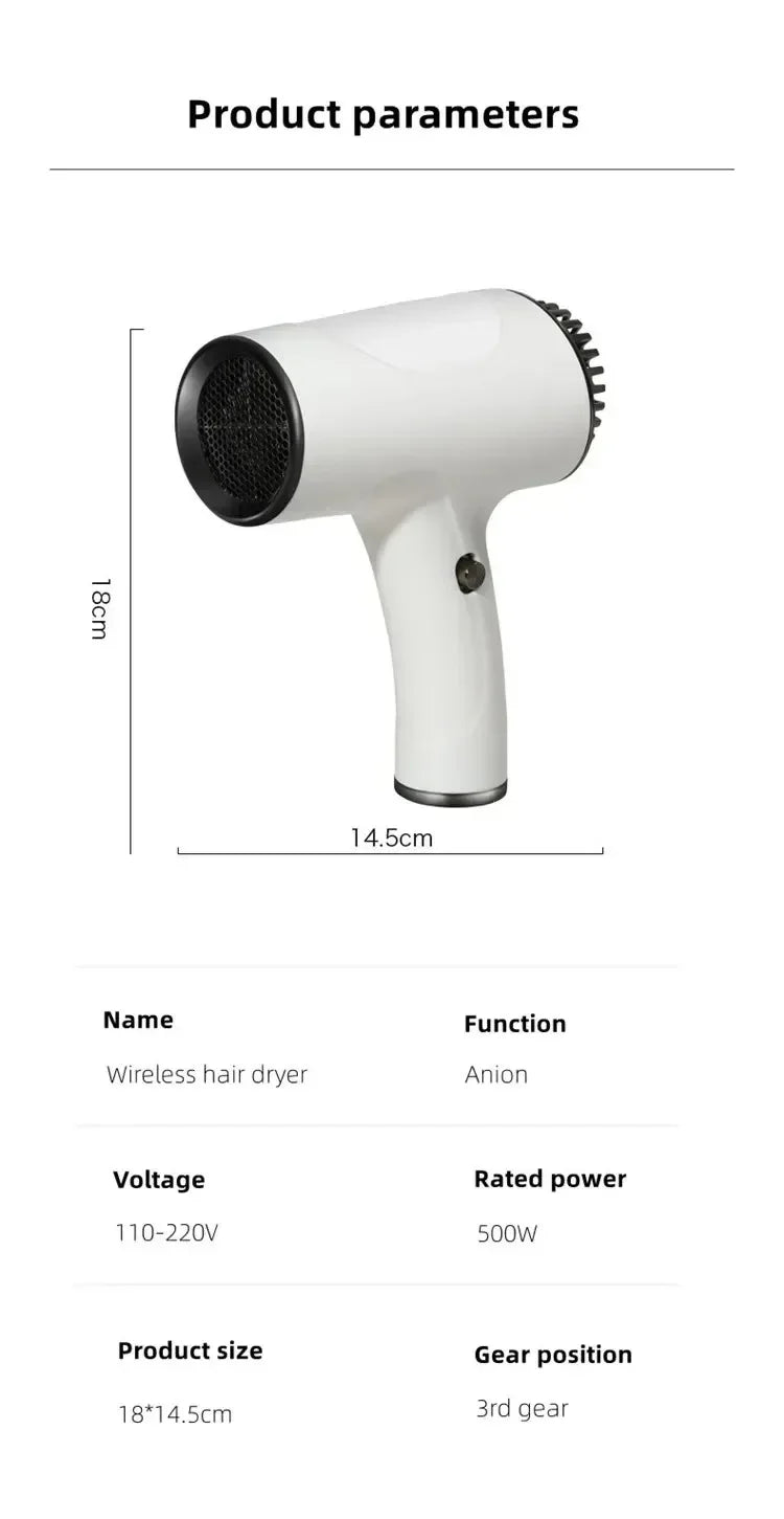 Portable Cordless Hair Dryer Fast Dry Hair Lithium Battery Rechargeable Blow Dryer Strong Wind Travel/Outdoor Plug in Hot Air - Shopfly.co.uk