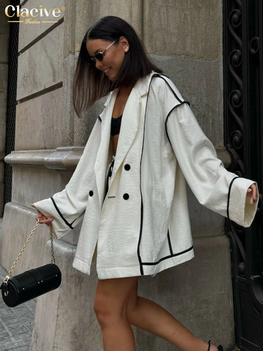Clacive Fashion Loose White 2 Piece Sets Women Outfit 2024 Casual Long Sleeve Shirt With High Waist Shorts Set Female Streetwear - Shopfly.co.uk