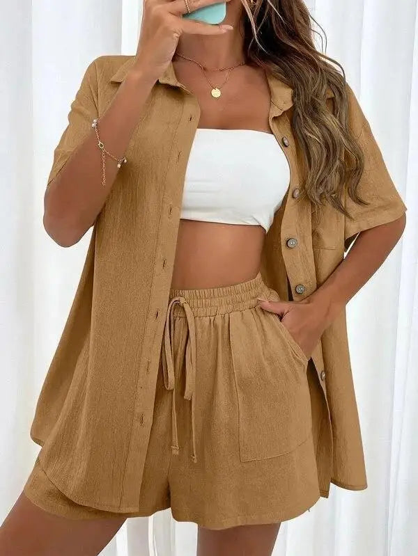 Solid Color Single Breasted Top Casual Loose Short Pants Sets Women Summer Women's 2 Pieces Suit Full Set Female Outfit Clothes - Shopfly.co.uk