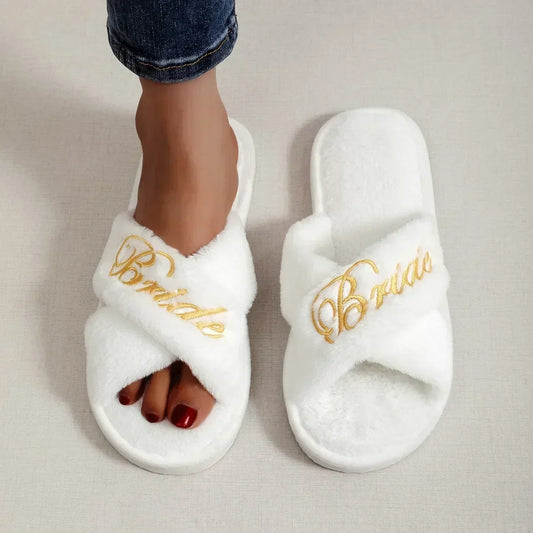 Bride Embroidered Plush Slippers Wedding Supplies Women Honeymoon Shoes Creative Bridesmaid Romantic Gifts Wedding Photo Props - Shopfly.co.uk