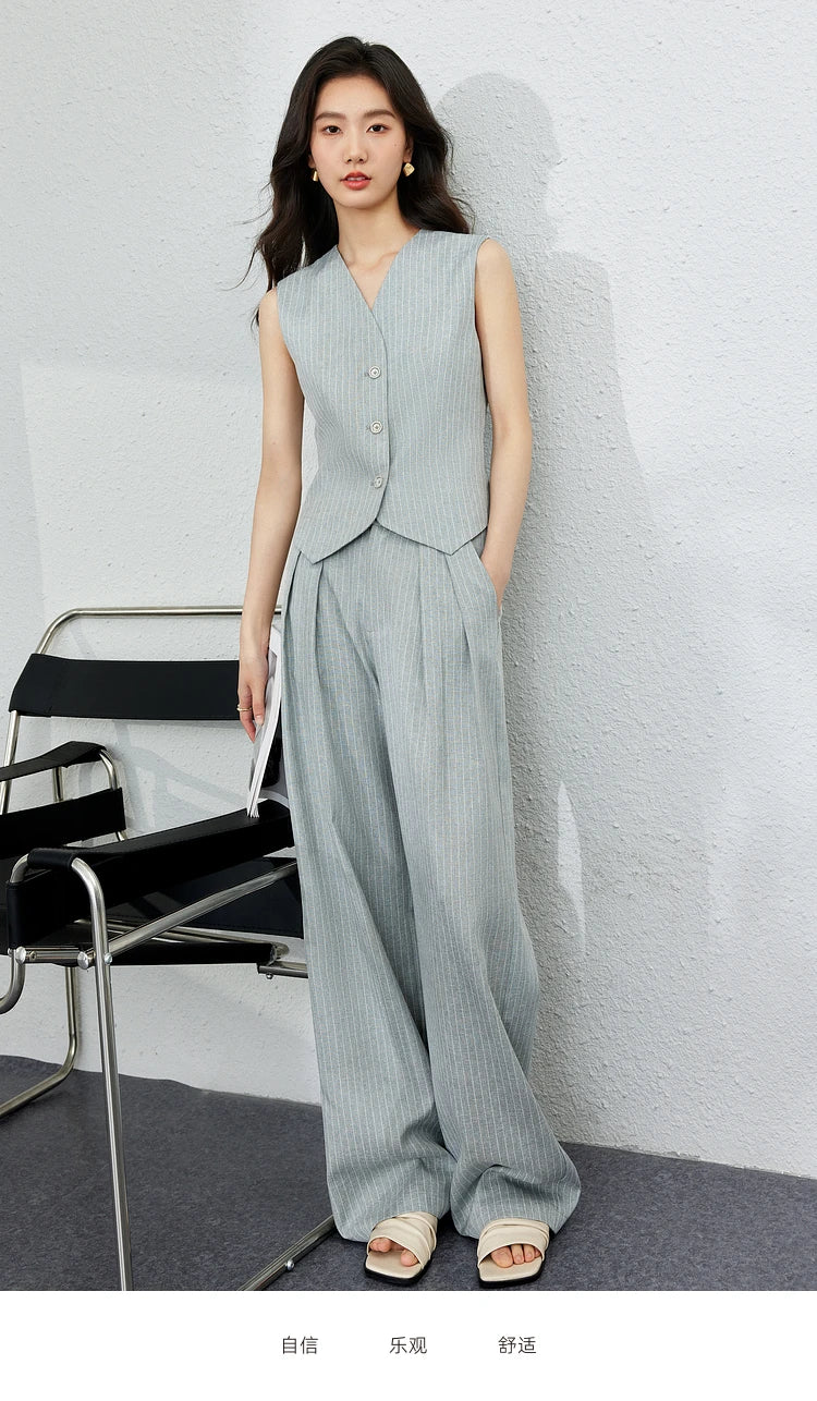 VIMLY Two Piece Office Outfit Woman 2025 Summer Pant Sets Linen Blend Women's Suits V Neck Waistcoat + Wide Leg Long Pants M7357 - Shopfly.co.uk