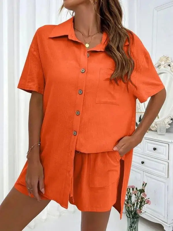 Solid Color Single Breasted Top Casual Loose Short Pants Sets Women Summer Women's 2 Pieces Suit Full Set Female Outfit Clothes - Shopfly.co.uk