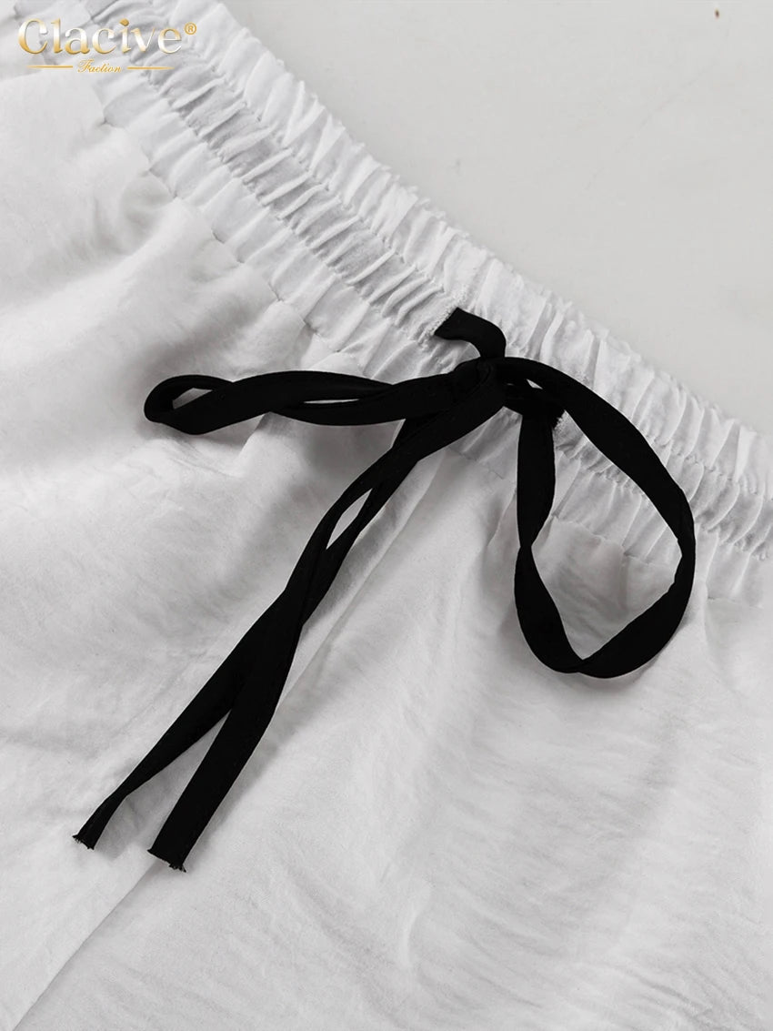 Clacive Fashion Loose White 2 Piece Sets Women Outfit 2024 Casual Long Sleeve Shirt With High Waist Shorts Set Female Streetwear - Shopfly.co.uk