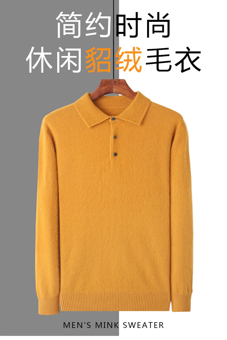Pullover Men's Sweater Polo Neck 100% Mink Cashmere Knitted Sweater Casual Loose Large Size Long Sleeve 23 Winter Korean Version - Shopfly.co.uk
