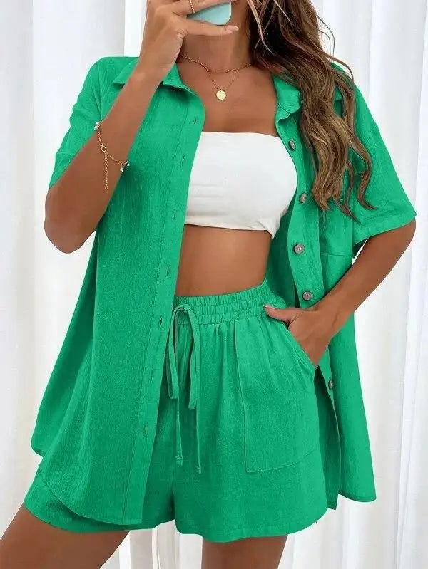 Solid Color Single Breasted Top Casual Loose Short Pants Sets Women Summer Women's 2 Pieces Suit Full Set Female Outfit Clothes - Shopfly.co.uk