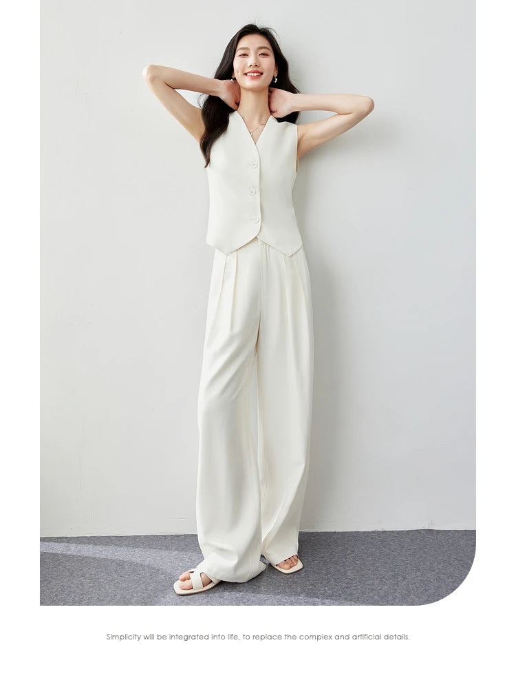 VIMLY Two Piece Office Outfit Woman 2025 Summer Pant Sets Linen Blend Women's Suits V Neck Waistcoat + Wide Leg Long Pants M7357 - Shopfly.co.uk