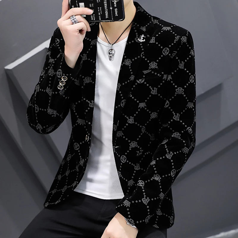 2022 Autumn Men Blazers Luxury Corduroy Casual Slim Suit Jacket Business Social Office Dress Coat Streetwear Jacket Men Clothing - Shopfly.co.uk