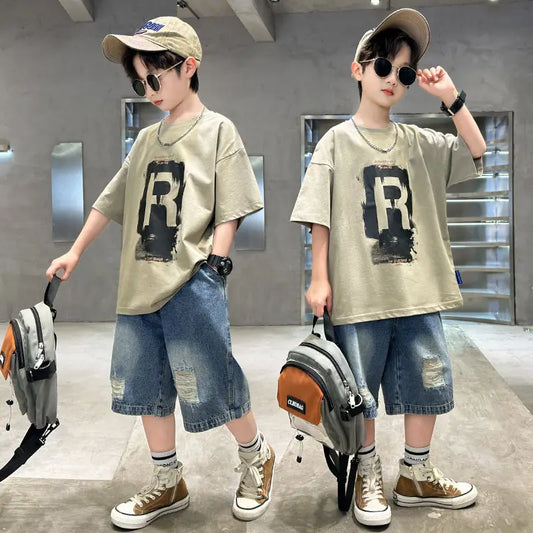 New Boys Fashion Summer 2pcs Cotton T-shirts+Denim Shorts Sporty Suits Teenage Kids Korean Style Outfits Sets Children Clothes - Shopfly.co.uk
