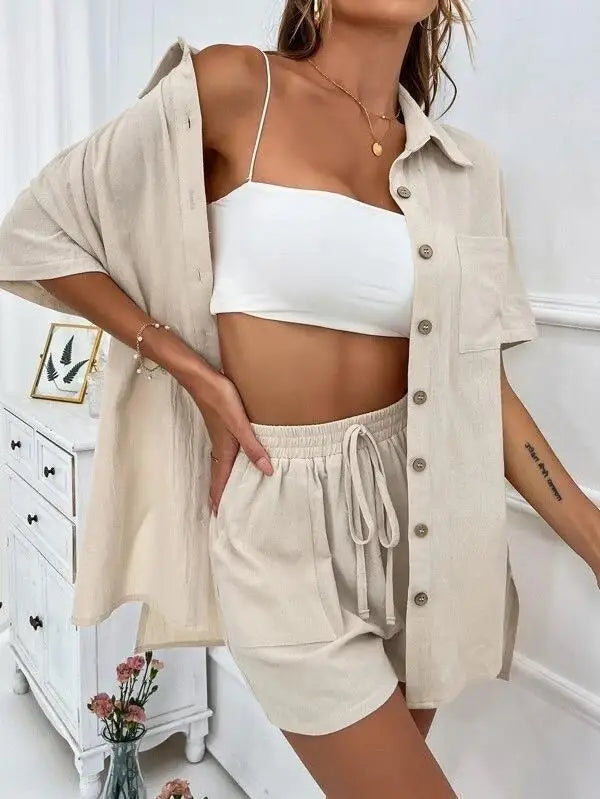Solid Color Single Breasted Top Casual Loose Short Pants Sets Women Summer Women's 2 Pieces Suit Full Set Female Outfit Clothes - Shopfly.co.uk