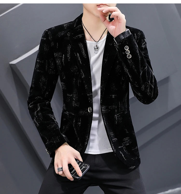 2022 Autumn Men Blazers Luxury Corduroy Casual Slim Suit Jacket Business Social Office Dress Coat Streetwear Jacket Men Clothing - Shopfly.co.uk