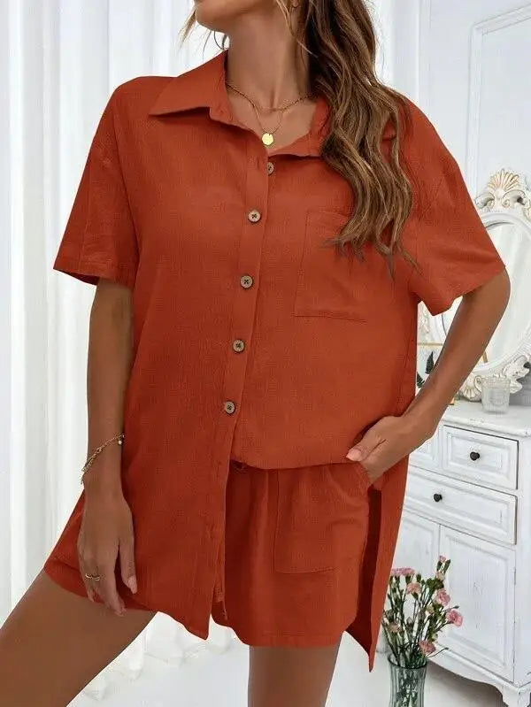 Solid Color Single Breasted Top Casual Loose Short Pants Sets Women Summer Women's 2 Pieces Suit Full Set Female Outfit Clothes - Shopfly.co.uk