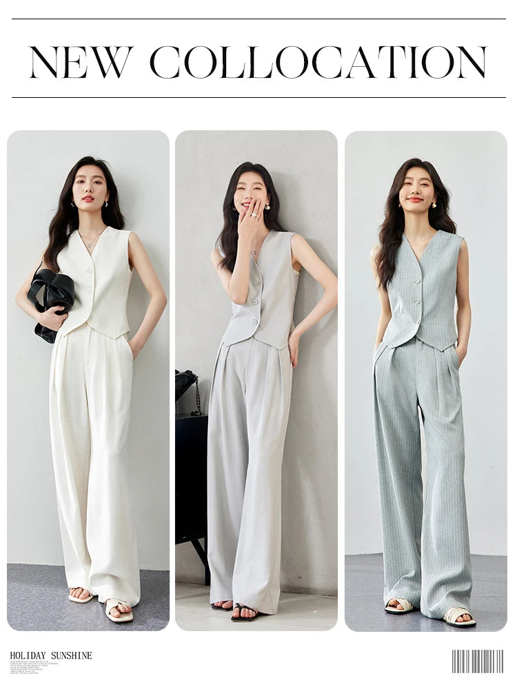 VIMLY Two Piece Office Outfit Woman 2025 Summer Pant Sets Linen Blend Women's Suits V Neck Waistcoat + Wide Leg Long Pants M7357 - Shopfly.co.uk