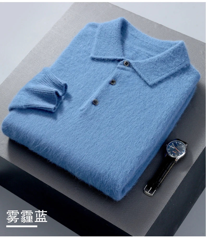 Pullover Men's Sweater Polo Neck 100% Mink Cashmere Knitted Sweater Casual Loose Large Size Long Sleeve 23 Winter Korean Version - Shopfly.co.uk
