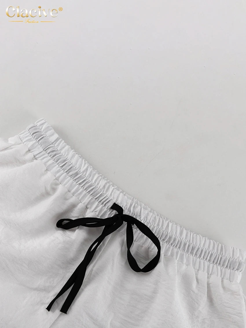 Clacive Fashion Loose White 2 Piece Sets Women Outfit 2024 Casual Long Sleeve Shirt With High Waist Shorts Set Female Streetwear - Shopfly.co.uk