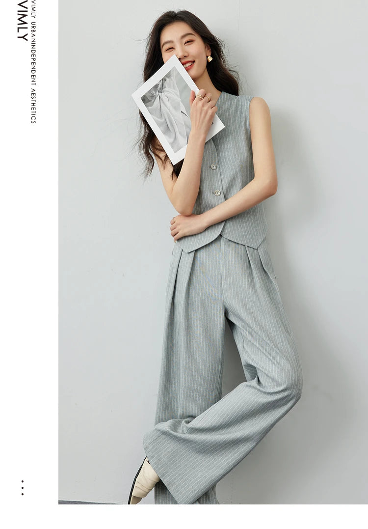 VIMLY Two Piece Office Outfit Woman 2025 Summer Pant Sets Linen Blend Women's Suits V Neck Waistcoat + Wide Leg Long Pants M7357 - Shopfly.co.uk