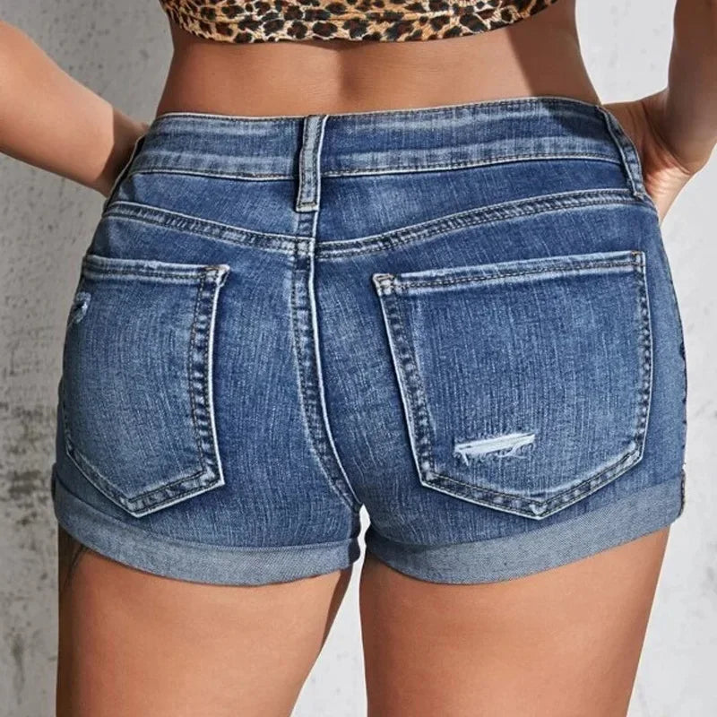 Women's Split Denim Shorts Summer Beach Wild Fashion Sexy Mid Waist Curled Cuff Perforated Elastic Slim Fit Casual Shorts - Shopfly.co.uk