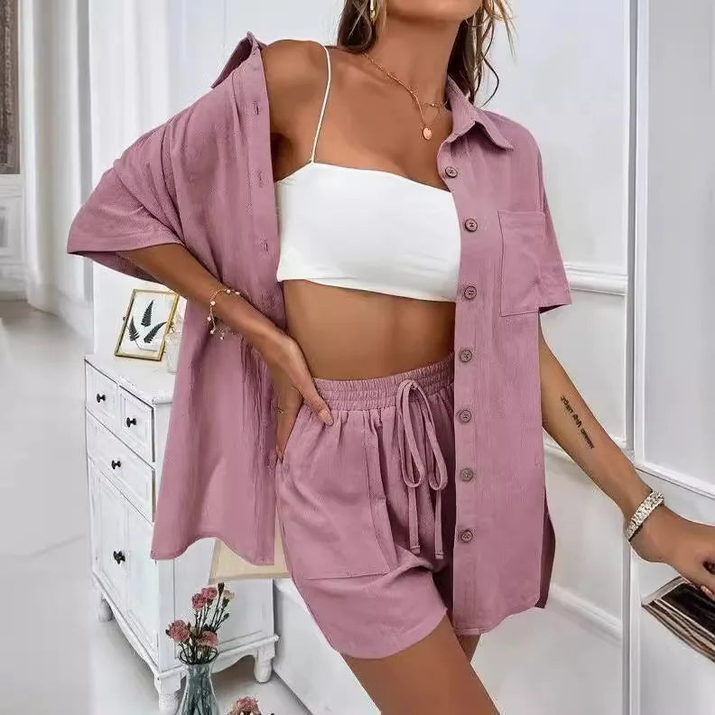 Solid Color Single Breasted Top Casual Loose Short Pants Sets Women Summer Women's 2 Pieces Suit Full Set Female Outfit Clothes - Shopfly.co.uk