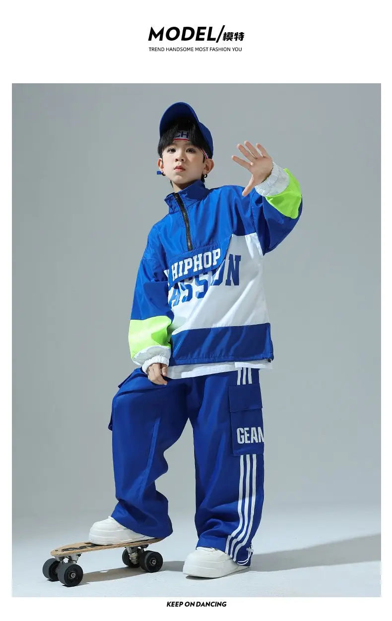Boys Hip Hop Pullover Street Dance Cargo Pants Girls High Collar Sweatshirt Outfits Kids Jazz Sport Clothes Set Child Streetwear - Shopfly.co.uk
