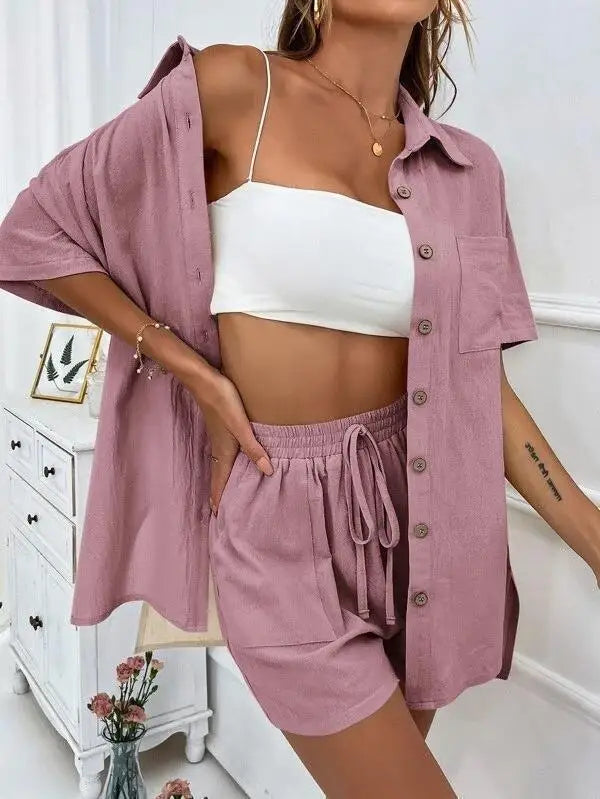Solid Color Single Breasted Top Casual Loose Short Pants Sets Women Summer Women's 2 Pieces Suit Full Set Female Outfit Clothes - Shopfly.co.uk